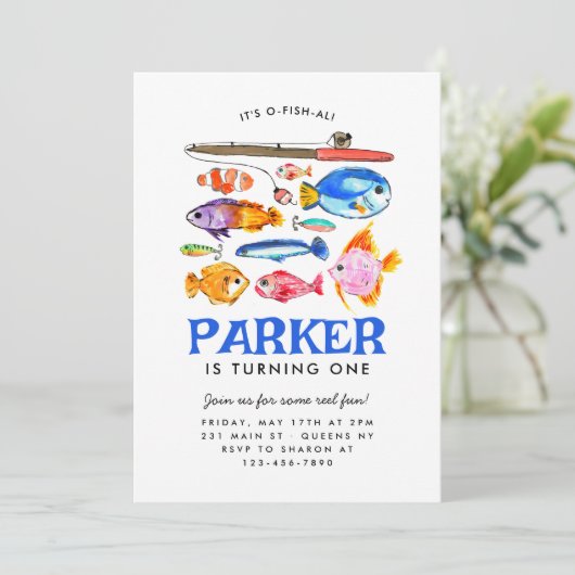 Niedlicher O-Fish-al-Reel Spaß Gone Fish Angeln Ge Einladung (Stehend Vorderseite)