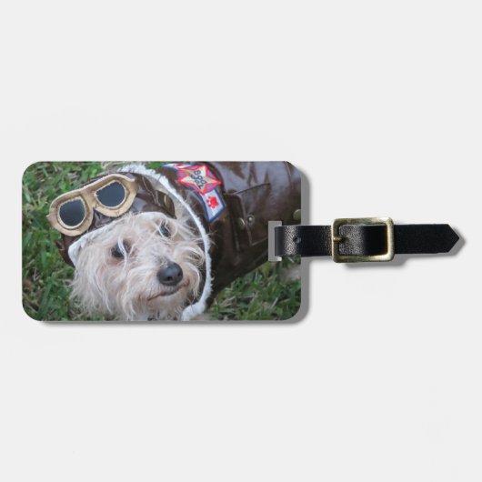 Niedlicher oberer Hund in Aviator-Uniform Gepäckanhänger (Vorderseite horizontal)