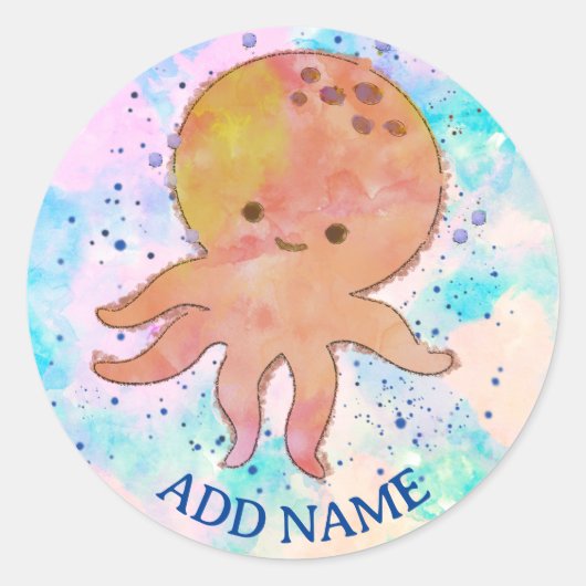 Niedlicher Octopus Cartoon Aquarell Individuelle N Runder Aufkleber (Vorderseite)
