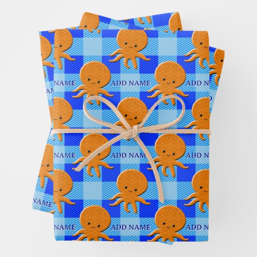 Niedlicher Octopus Cartoon Blau Karierter Individu Geschenkpapier Set (Beispiel)