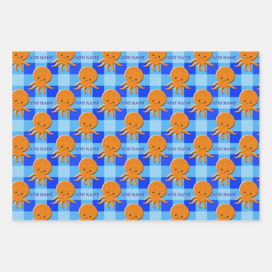 Niedlicher Octopus Cartoon Blau Karierter Individu Geschenkpapier Set (Vorderseite)