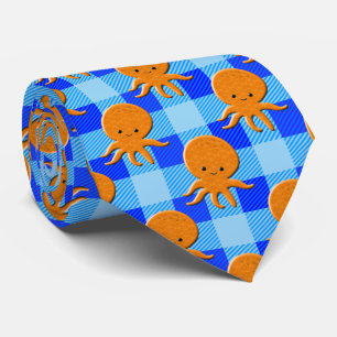 Niedlicher Octopus Cartoon Blau Karierter Individu Krawatte