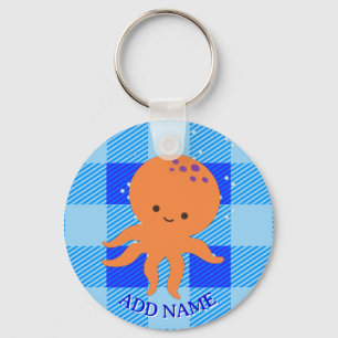 Niedlicher Octopus Cartoon Blau Karierter Individu Schlüsselanhänger