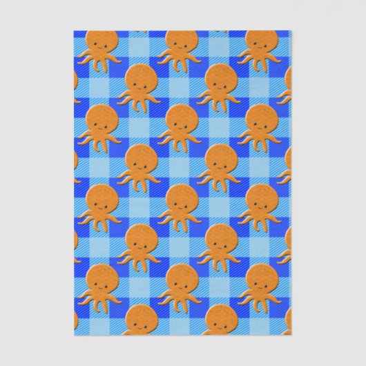 Niedlicher Octopus Cartoon Blau Karierter Individu Seidenpapier (Vorderseite)