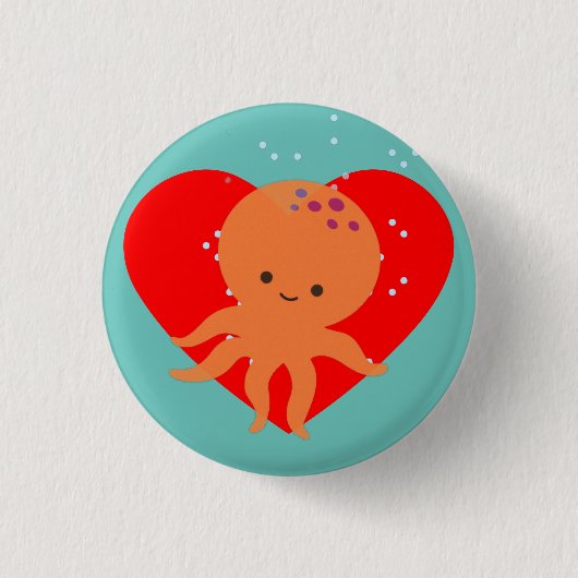 Niedlicher Octopus Cartoon Rotes Herz Button (Vorderseite)