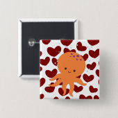 Niedlicher Octopus Cartoon Rotes Herzmuster Button (Vorne & Hinten)