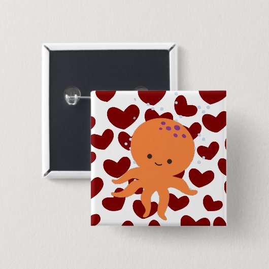 Niedlicher Octopus Cartoon Rotes Herzmuster Button (Vorne & Hinten)