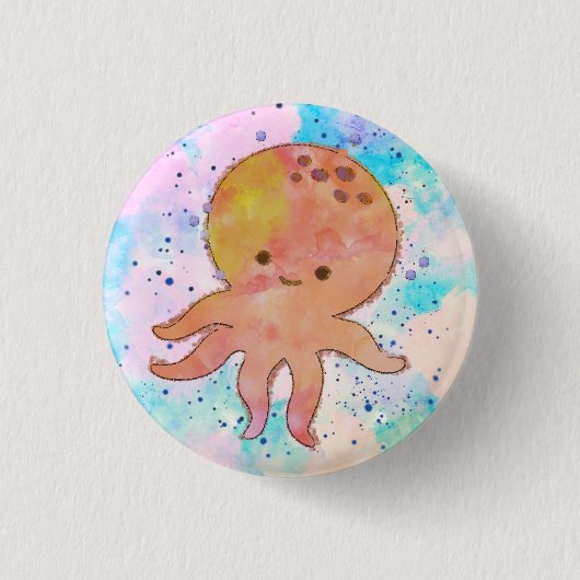Niedlicher Octopus-Cartoon Wasserfarbe Button (Vorderseite)