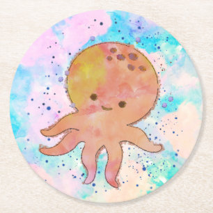 Niedlicher Octopus-Cartoon Wasserfarbe Runder Pappuntersetzer