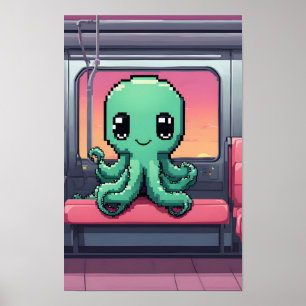 Niedlicher Oktopus auf einer Sunset-U-Bahn-Fahrt Poster