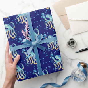 Niedlicher Oktopus Blaue Blase Navy Geschenkpapier