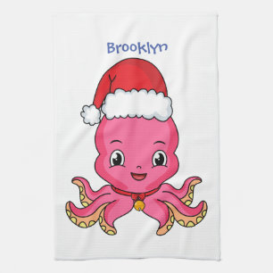 Niedlicher Oktopus mit Weihnachtshut Cartoon Geschirrtuch
