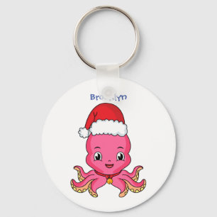 Niedlicher Oktopus mit Weihnachtshut Cartoon Schlüsselanhänger