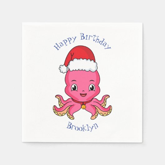 Niedlicher Oktopus mit Weihnachtshut Cartoon Serviette (Vorderseite)