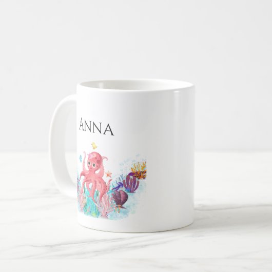 Niedlicher Oktopus und farbenfrohe Muscheln Name Kaffeetasse (Vorderseite Links)
