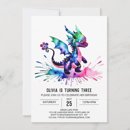 Niedlicher Online Dragon Digital Girl Geburtstag Einladung (Vorderseite)