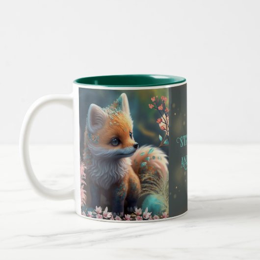 Niedlicher Orange Fox Bleibe Clever & Sip auf Pers Zweifarbige Tasse (Links)