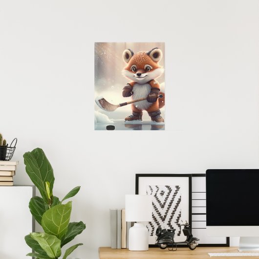 Niedlicher Orange Fox Eishockey Art Kinderzimmer Poster (Heimbüro)