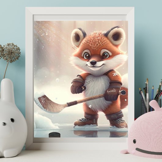 Niedlicher Orange Fox Eishockey Art Kinderzimmer Poster