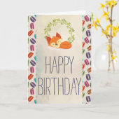 Niedlicher Orange Fox mit Wreath Happy Birthday Karte (Gelbe Blume)