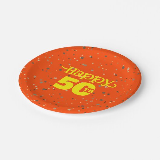 NIEDLICHER ORANGE-Geburtstag Pappteller (Schrägansicht)