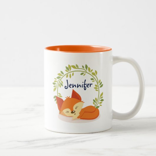 Niedlicher Orangenfox mit grünem Blätter Kranz Zweifarbige Tasse (Rechts)