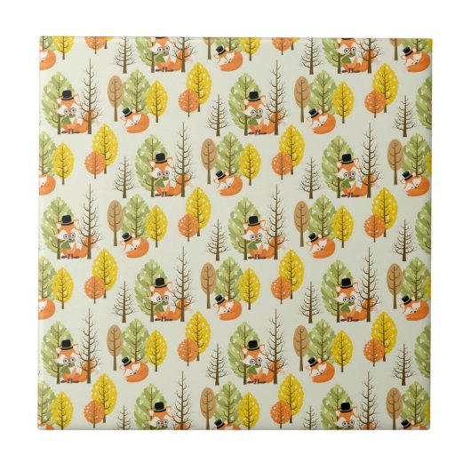Niedlicher Orangenfuchs Herbstbäume Hipster Fliese (Vorderseite)