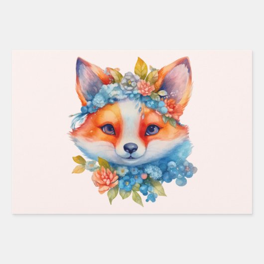 Niedlicher Orangenfuchs mit Blumenkronen Geschenkpapier Set (Vorderseite)