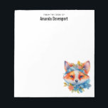 Niedlicher Orangenfuchs mit Blumenkronen Notizblock<br><div class="desc">Ein Notizblock mit einer Illustration eines bezaubernden Fuchsporträts mit blauen und orangefarbenen Blumenkronen und Kragen.</div>