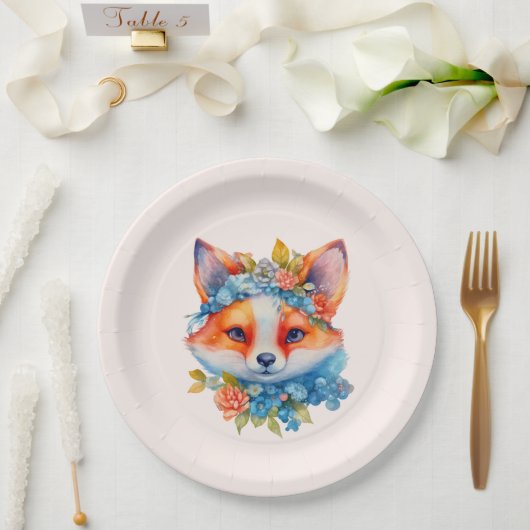Niedlicher Orangenfuchs mit Blumenkronen Pappteller (Hochzeit)