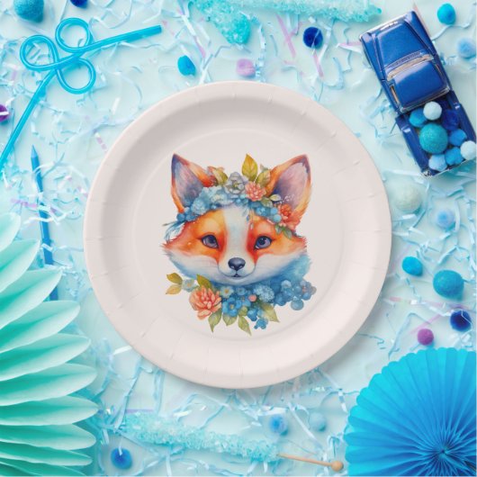 Niedlicher Orangenfuchs mit Blumenkronen Pappteller (Party)