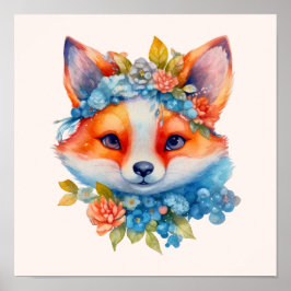 Niedlicher Orangenfuchs mit Blumenkronen Poster