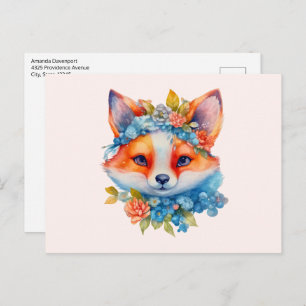 Niedlicher Orangenfuchs mit Blumenkronen Postkarte