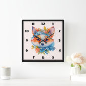 Niedlicher Orangenfuchs mit Blumenkronen Quadratische Wanduhr (Zuhause)