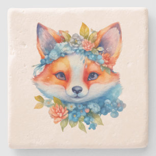 Niedlicher Orangenfuchs mit Blumenkronen Steinuntersetzer