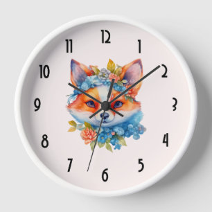 Niedlicher Orangenfuchs mit Blumenkronen Uhr