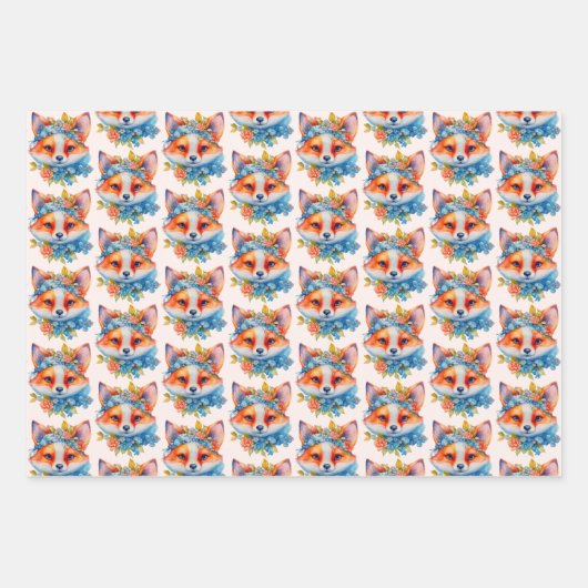 Niedlicher Orangenfuchs mit Blumenmuster Geschenkpapier Set (Vorderseite)