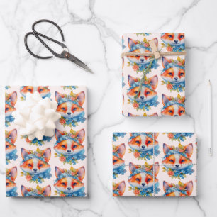 Niedlicher Orangenfuchs mit Blumenmuster Geschenkpapier Set