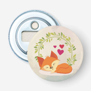 Niedlicher Orangenfuchs, rote Herzen und ein grüne Flaschenöffner