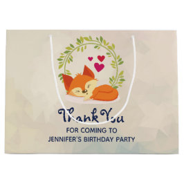 Niedlicher Orangenfuchs, rote Herzen und ein grüne Große Geschenktüte