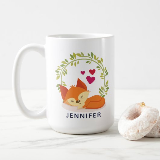 Niedlicher Orangenfuchs, rote Herzen und ein grüne Kaffeetasse (Mit Donut)