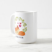 Niedlicher Orangenfuchs, rote Herzen und ein grüne Kaffeetasse (Vorderseite Links)