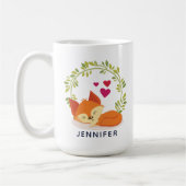 Niedlicher Orangenfuchs, rote Herzen und ein grüne Kaffeetasse (Links)