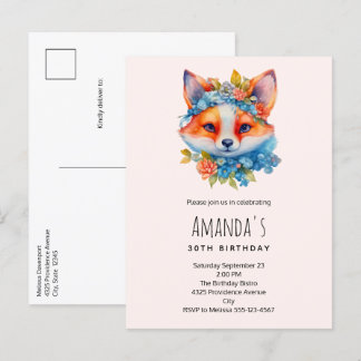 Niedlicher Orangenfuchs zum Geburtstag mit Blumenk Einladungspostkarte