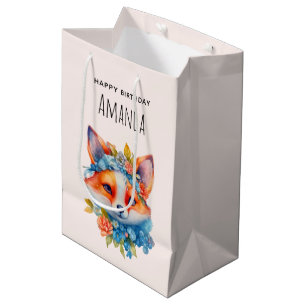 Niedlicher Orangenfuchs zum Geburtstag mit Blumenk Mittlere Geschenktüte