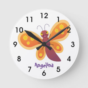 Niedlicher Orangenschmetterling-Cartoon Runde Wanduhr