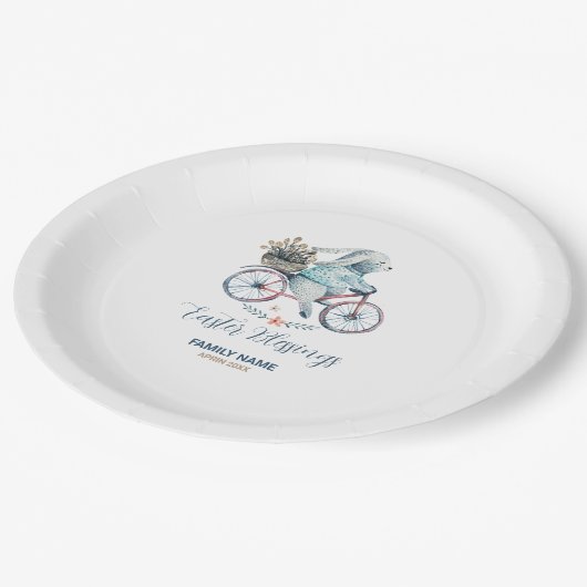 Niedlicher Osterhase auf dem Bike Eigener Text Pappteller (Schrägansicht)