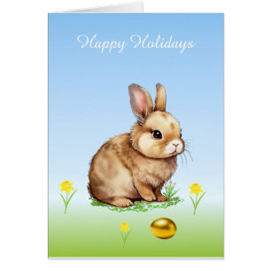 Niedlicher Osterhase & goldenes Ei auf Hellblau