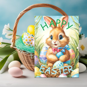 Niedlicher Osterhase im Korb mit Eiern Feiertagskarte