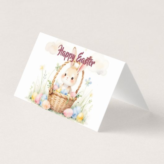 Niedlicher Osterhase im Korb mit farbenfrohen Eier (Vorderseite)